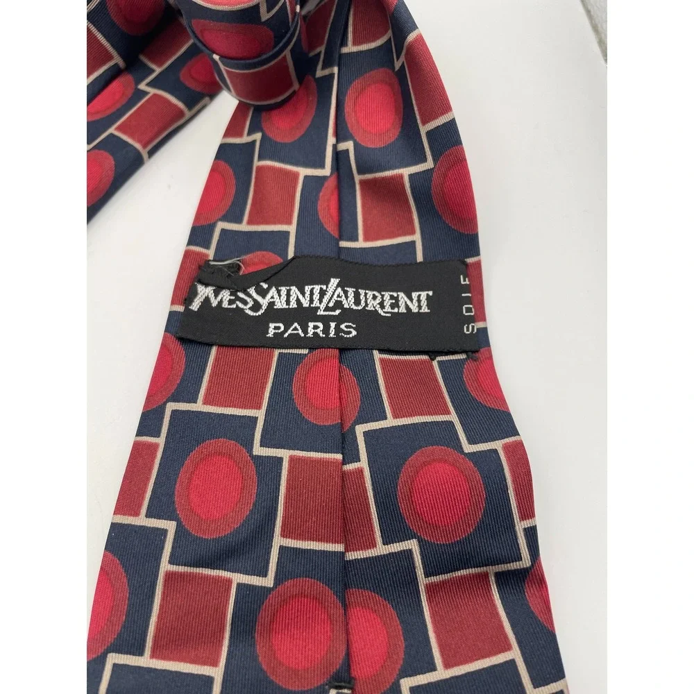 Yves Saint Laurent Paris Silk Tie Red Navy Geometric Squares Circles France